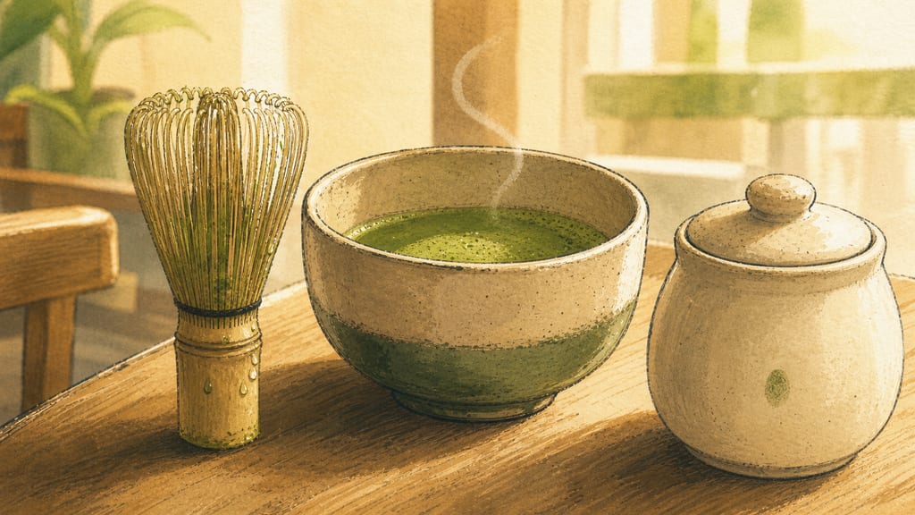 Morning evidence macro: a damp bamboo whisk, a still-warm bowl, one tiny green thumbprint on a sugar jar