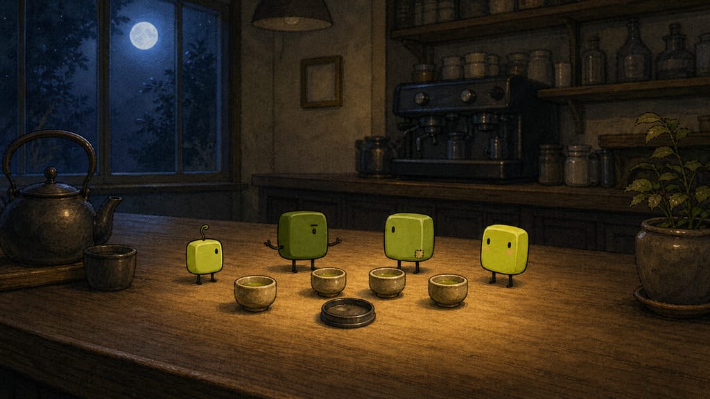 Moonlit kitchen wide shot: four small silhouettes conducting a solemn miniature tea ceremony on the counter
