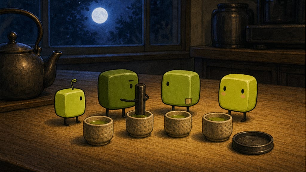 The midnight ceremony in detail: thimble-sized bowls, a pen lid used as a tiny whisk, moonlight through the window