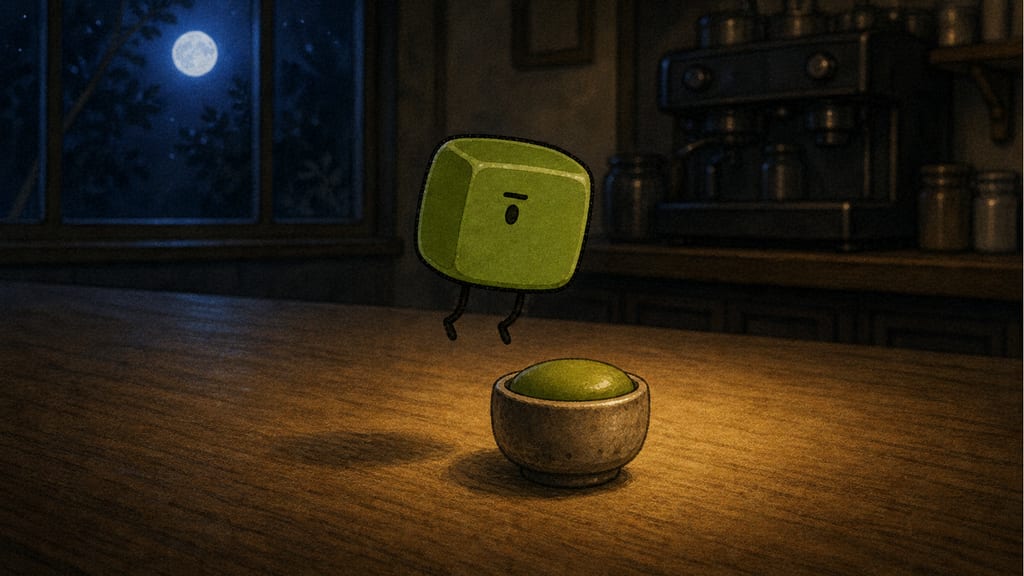 One creature granting a tiny ceremonial bounce over a thimble bowl of perfect miniature foam