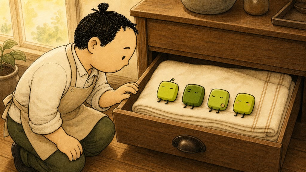 The barista finding the drawer, watching them sleep, hand on the drawer edge