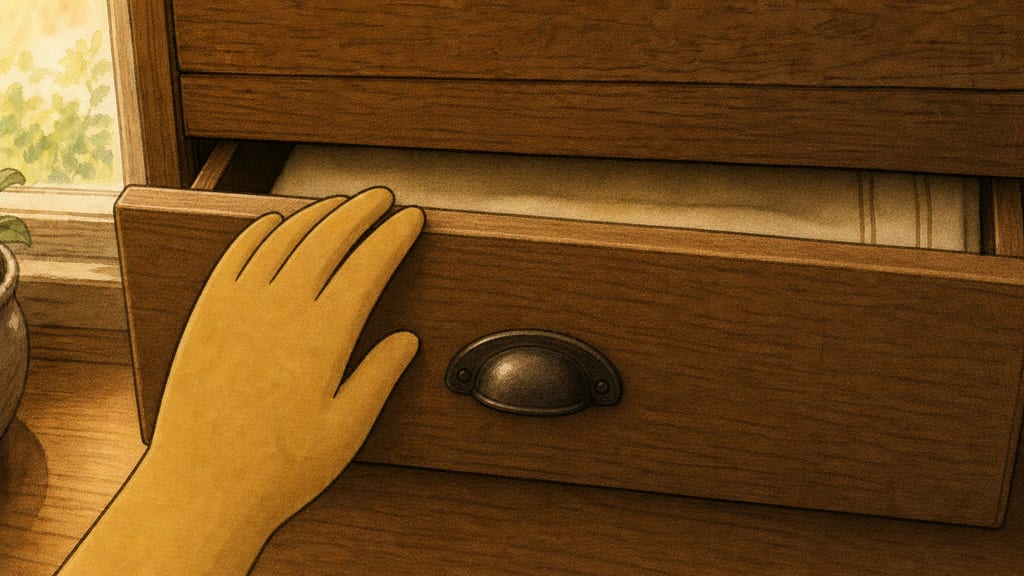 Close-up: him sliding the drawer almost closed, leaving a comfortable gap