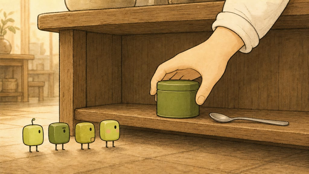 One unlabelled tea tin placed on the lowest shelf at creature height, deliberate and kind