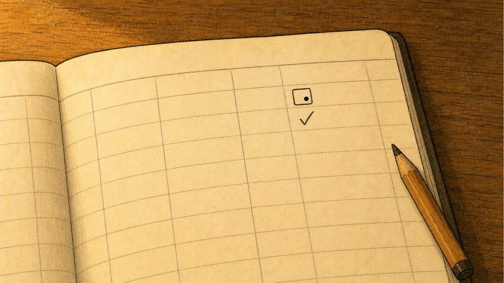 Closing frame: the ledger page with a new column headed by a small drawn square face, the entry reading as a tidy checkmark