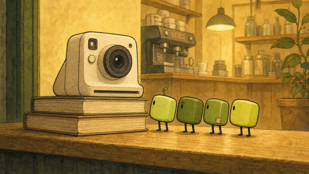 Setup comedy: a camera balanced on a stack of books, four creatures examining the lens from two centimetres away