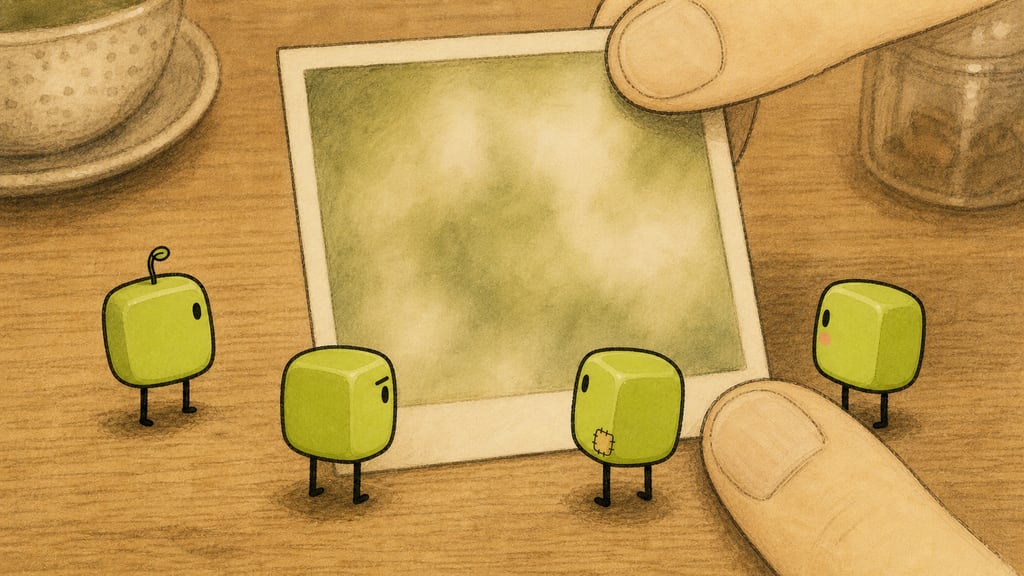 A developing instant photo: all blur, held between two fingers, four creatures leaning in to review it