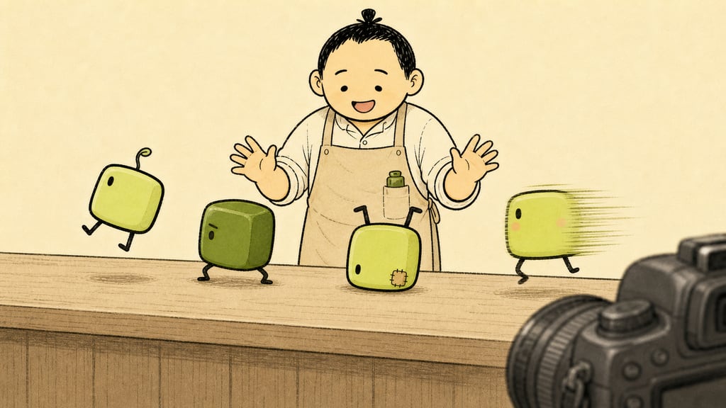 Final countdown chaos: one creature mid-leap, one upside down, one a green streak, the barista starting to laugh