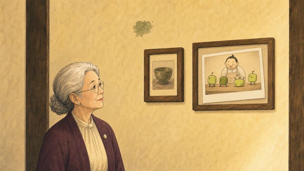 Closing frame: the café wall complete — diploma bowl, green mark, family photograph — the grandmother nodding once in approval