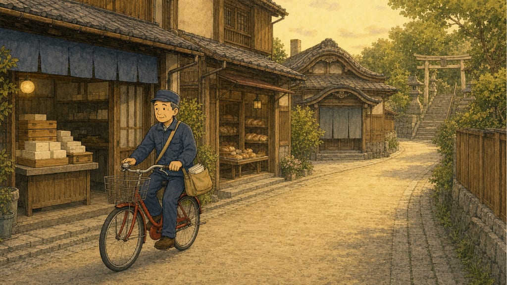 His route in rhythm: passing the tofu shop, the bakery, the bathhouse and the shrine steps in one flowing streetscape