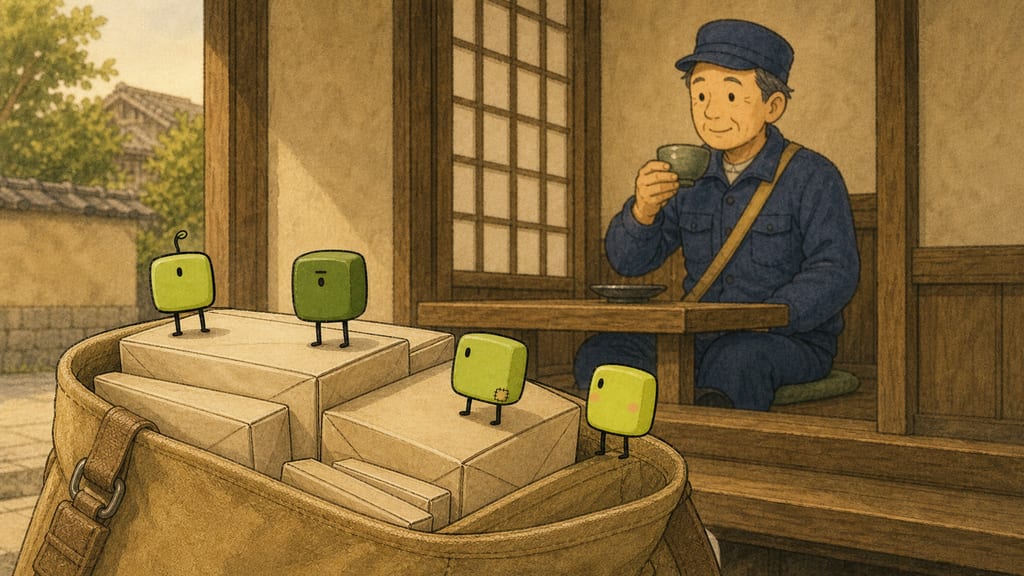At the café: his mailbag resting by the door while he drinks matcha, four small green shapes slipping into the bag between parcels