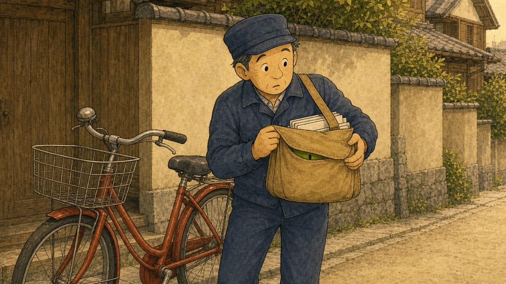 The postman lifting the now-heavier bag with a puzzled look, one tiny eye peeking from under the flap
