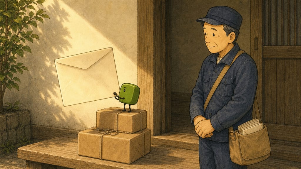 Letter inspection: a small creature holding an envelope up to the light while the postman waits, professionally patient