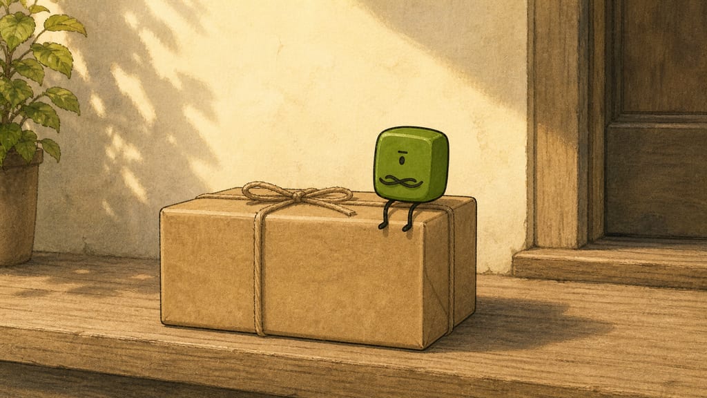 One creature sitting officially on a parcel marked fragile, arms folded