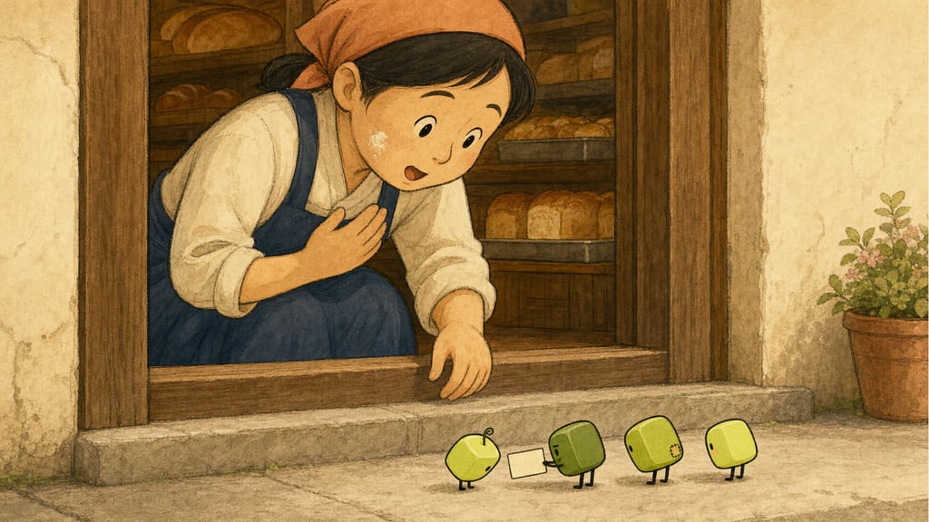 The bakery doorstep: four creatures presenting a bread coupon to the flour-cheeked baker with a formal synchronized bow