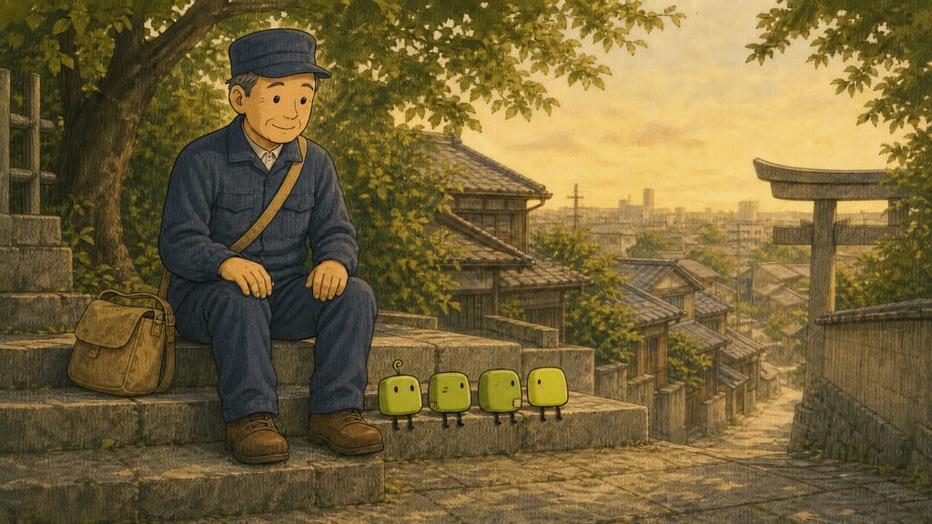 Quiet beat: the postman resting on the shrine steps, four creatures sitting in a row beside him, all watching the street below