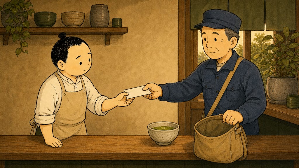 Back at the café: the postman handing over the last letter and his empty bag, deadpan, matcha waiting