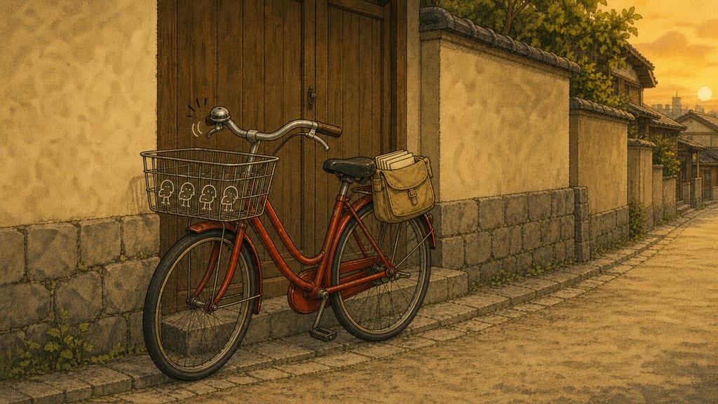 Closing frame: the red bicycle leaning by the café door, four tiny chalk bows drawn on its basket