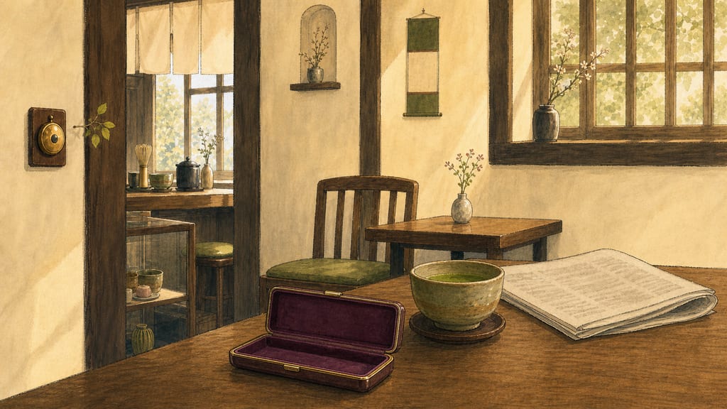 Thursday liturgy in close-ups: the doorbell, the usual seat, the newspaper, and an open velvet pen case — empty