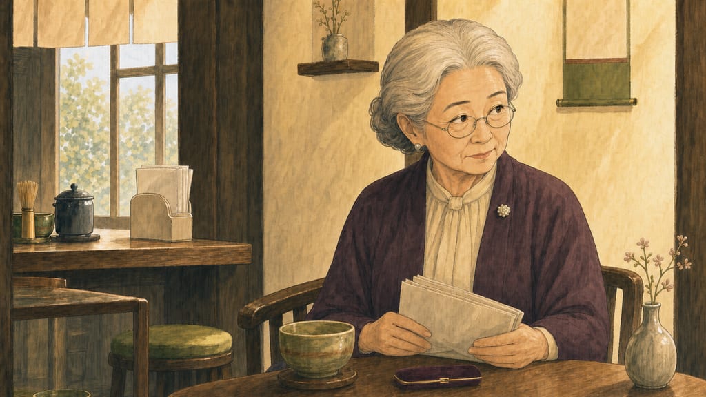 The grandmother folding her newspaper with terrifying calm, looking over her glasses at the counter