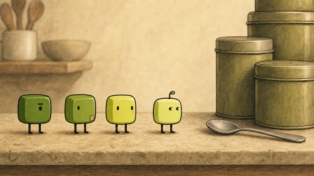 The crack: three statues holding while the tiniest one's eyes flick sideways toward the tea tins