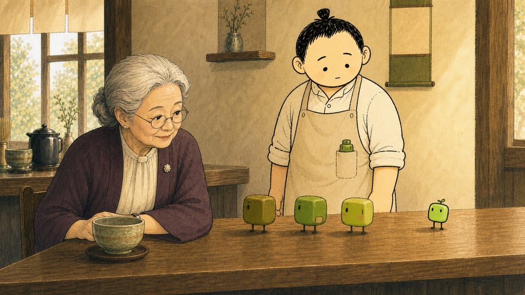 The discovery tableau: grandmother, barista and three creatures all looking at the tiniest one, which is very interested in the ceiling