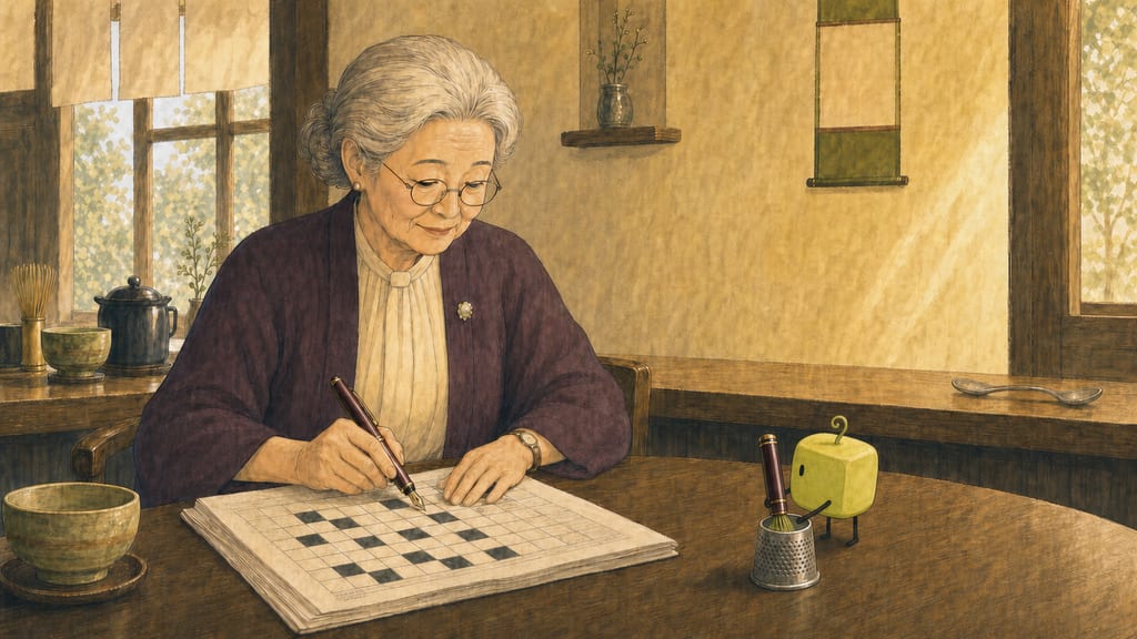 Parallel work: her filling crossword squares while beside her the tiniest creature whisks its thimble with the pen cap, deep peace