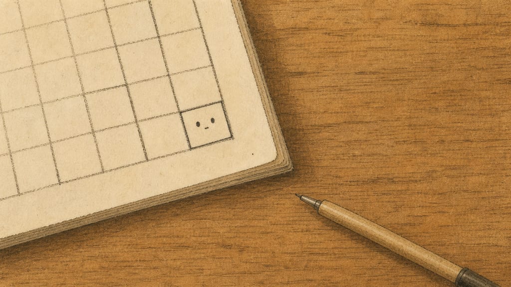 Closing frame: the crossword page corner with one square filled by a tiny drawn square face, left uncorrected