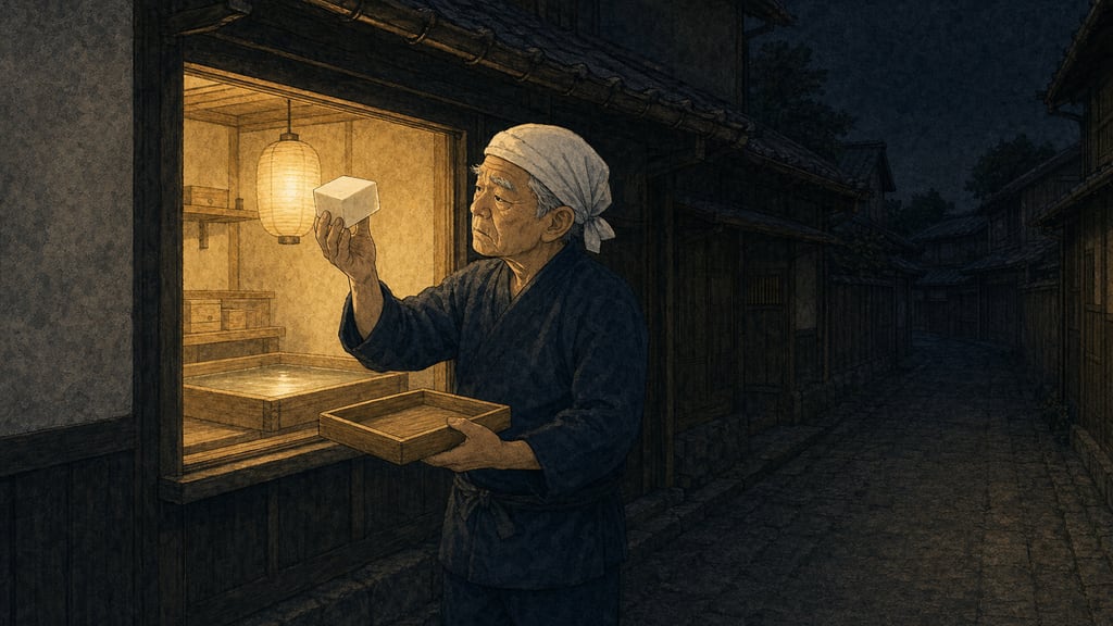 Four a.m. black street, one lit window: an old Japanese tofu maker holding a block of silken tofu up to the lamplight like a jeweller