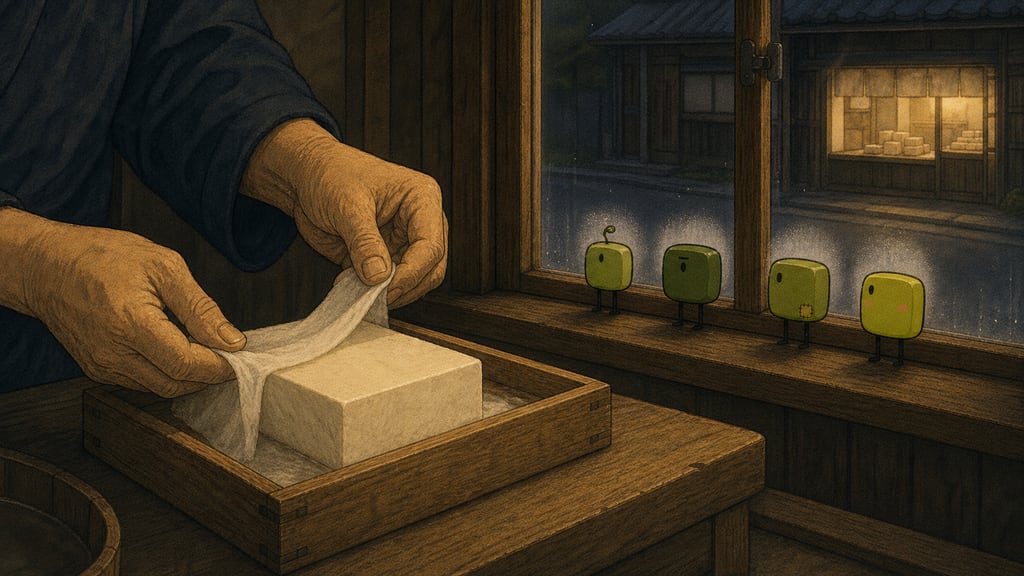 Macro intercut: the tofu maker's careful hands and four pairs of round watching eyes, mutual recognition of craft