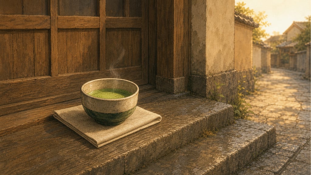 Doorstep still-life: a bowl of matcha left on the tofu shop step at dawn, nobody in sight
