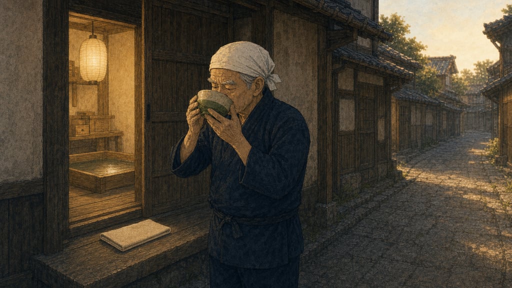 The old man scowling down at the bowl, then drinking it, still scowling