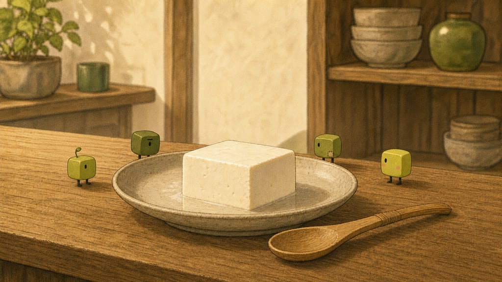 Counter still-life: a perfect block of tofu on the café counter, four creatures inspecting it and approving, a first