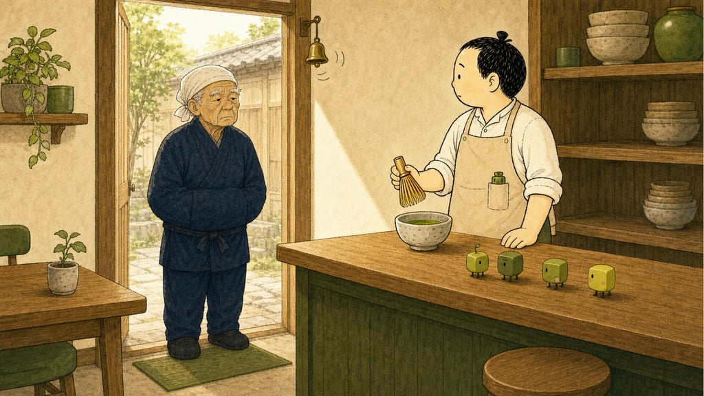 The café doorbell: the old tofu maker standing in the doorway for the first time in years, everyone frozen