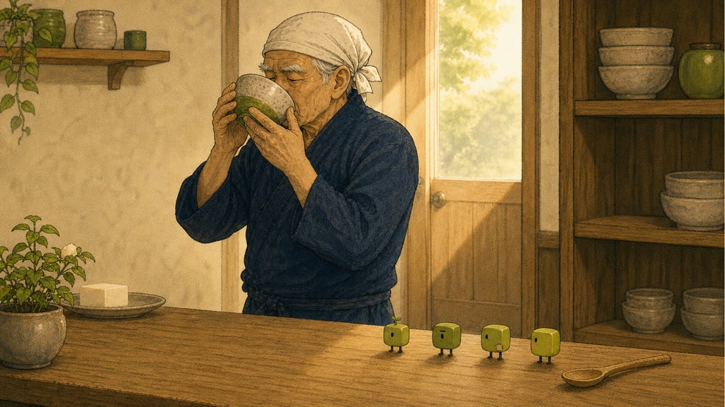 Him drinking matcha standing up, the whole shop holding its breath, four creatures in a reverent row