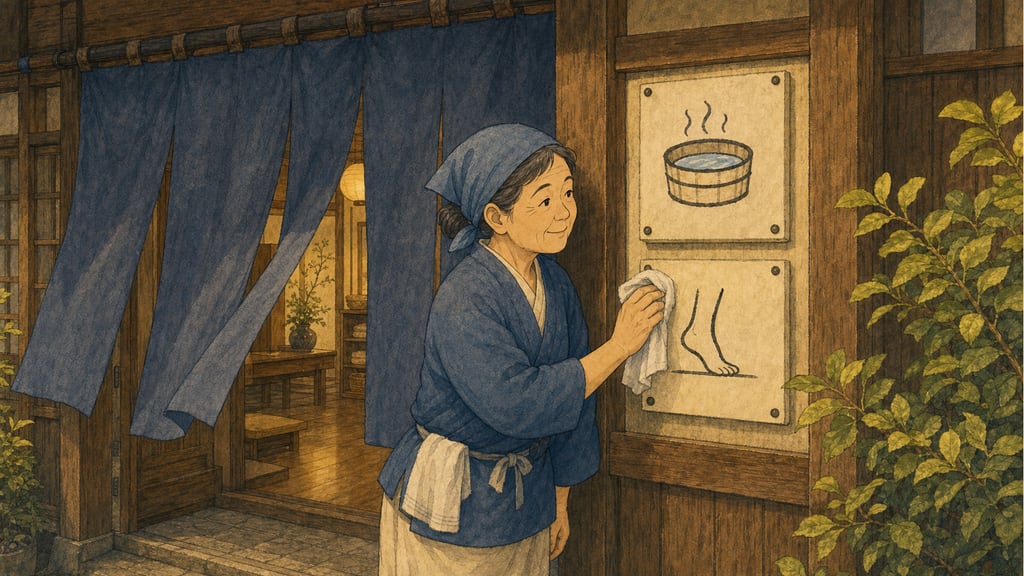The bathhouse entrance: noren curtain parting, two hand-painted rules on the wall, the keeper polishing the second one
