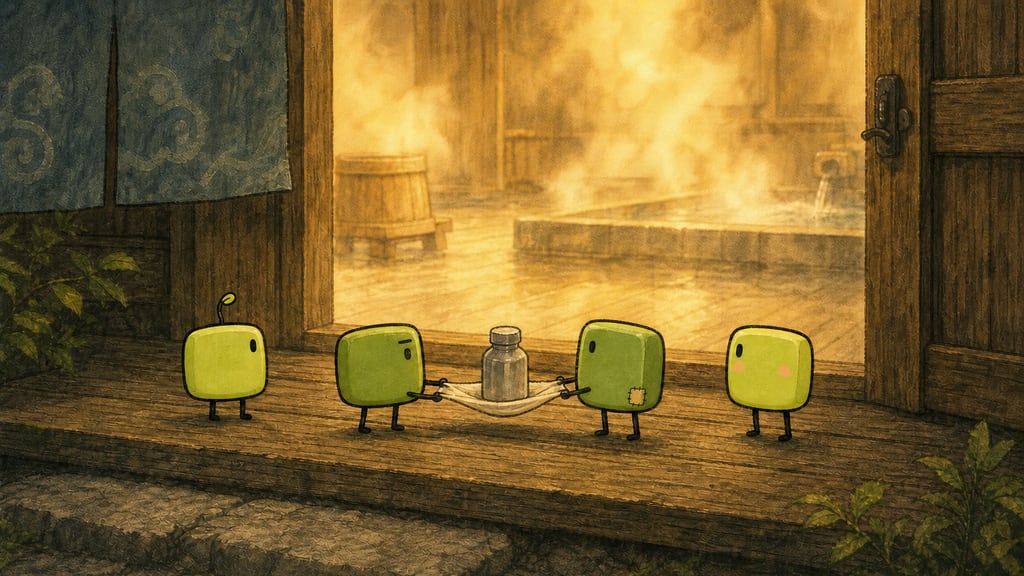 Four creatures arriving with a flask of cold matcha, stopping dead before a doorway glowing with steam