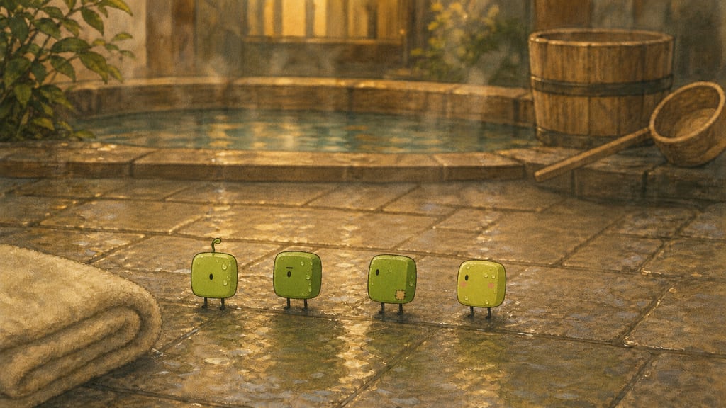 Condensation beading on square green faces wearing expressions of profound wellness