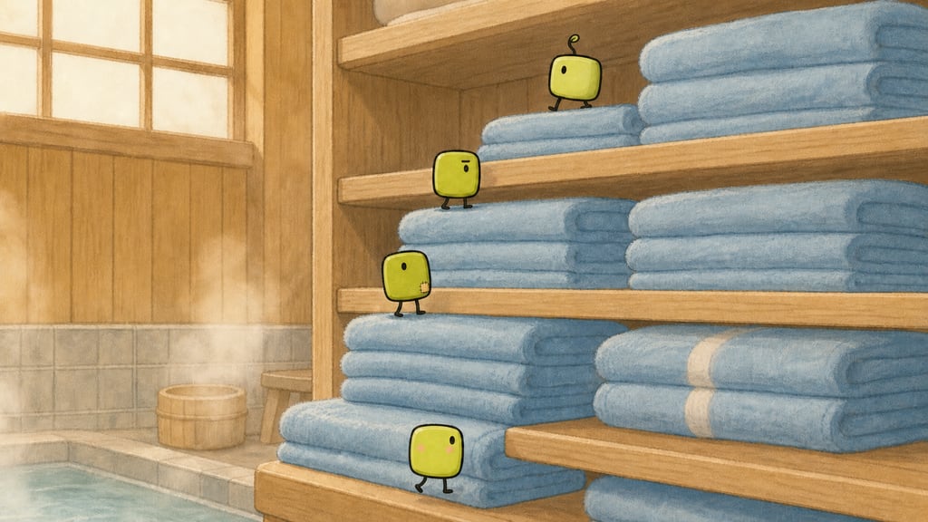 The ascent: creatures climbing towel shelves toward the high shelf above the baths