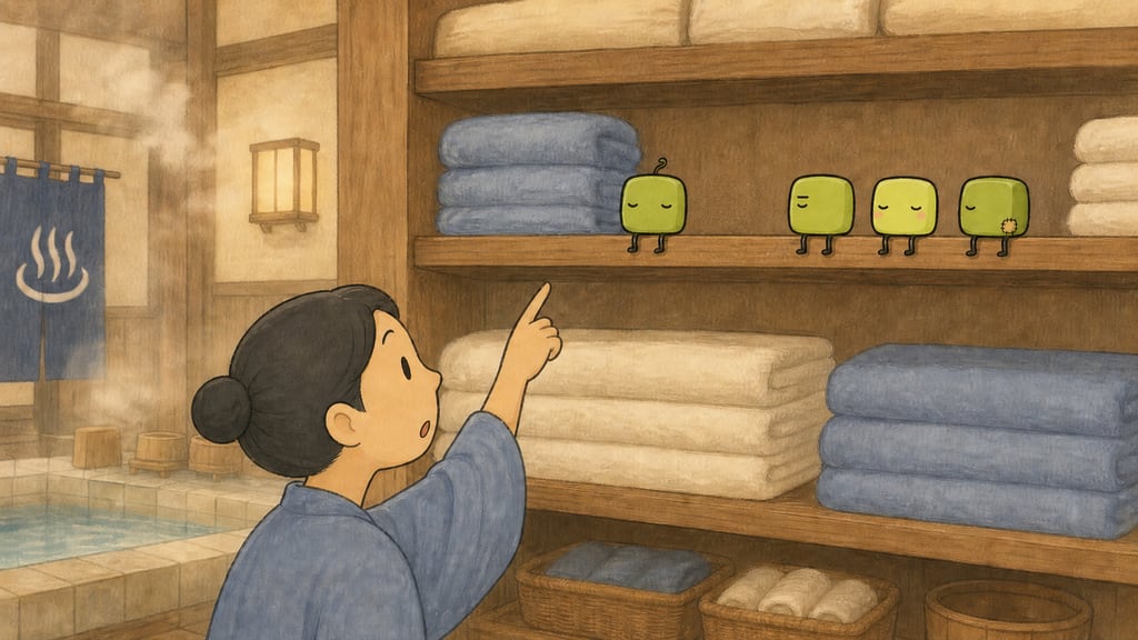 The reveal: four small green shapes asleep in a row on the high shelf like folded towels, a bather pointing up