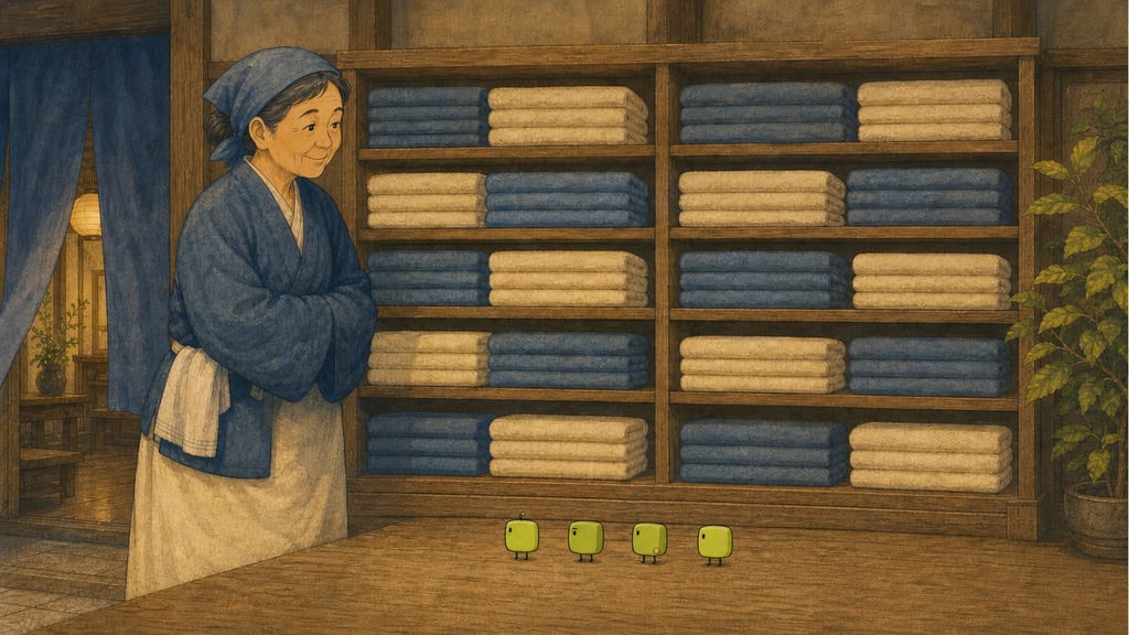 After one demonstration: a wall of impossibly precise folded towels, four creatures standing at attention before it