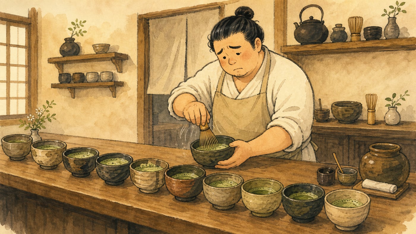 Mutjo whisking down a long row of tea bowls on the counter
