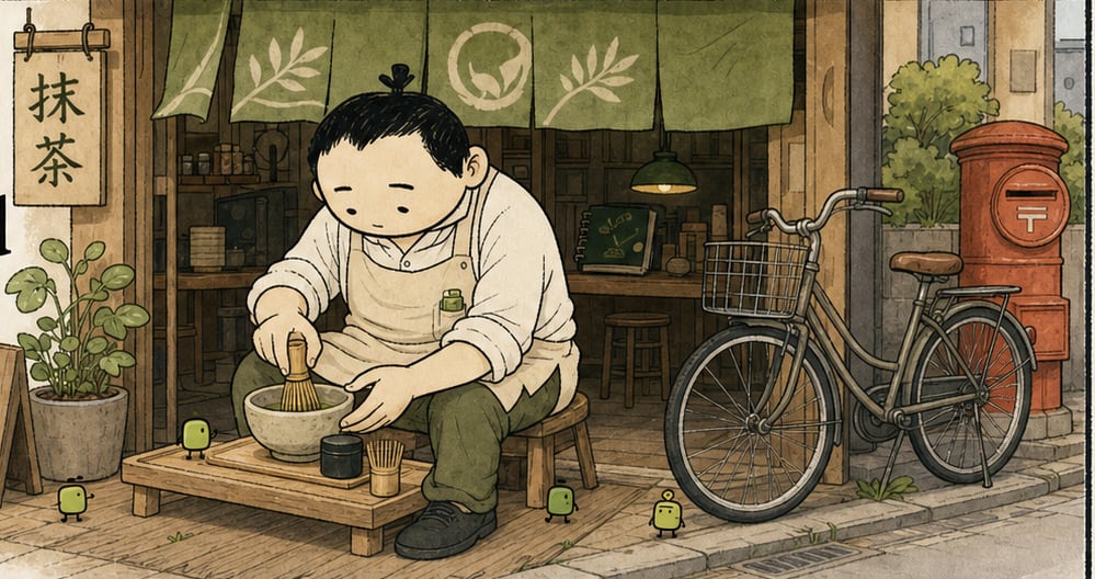 Mutjo whisking matcha on a low bench outside his shop, tiny Matji watching from the table and pavement