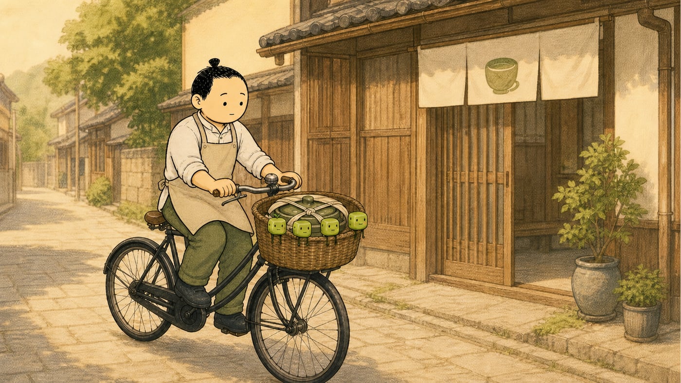 Mutjo cycling through the old Tokyo street with a basket of Matji